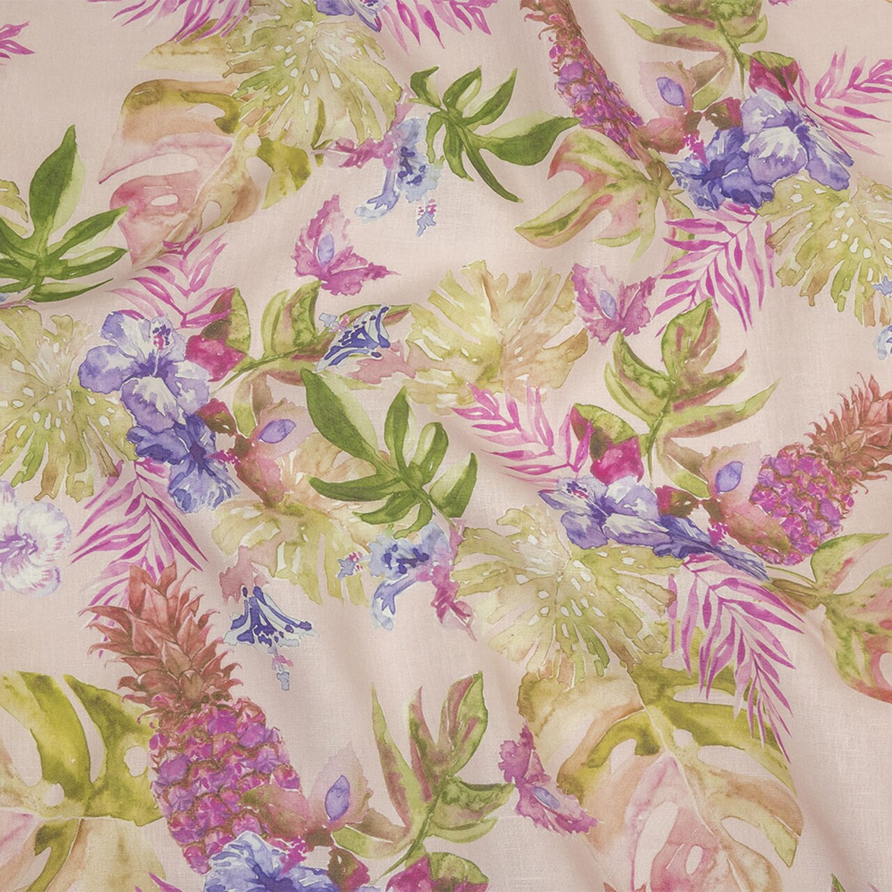 1 Yard Pink Purple and Green Watercolor Tropical Plants and Pineapples Medium Weight Linen Woven Fabric